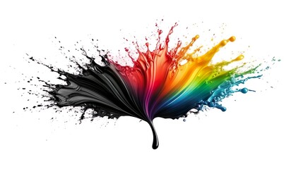 Create an image of rainbow liquid splash emanating from a black leaves against a white background. Ensure the liquid appears to flow gracefully, with its colors spreading perfectly, creating a stunnin