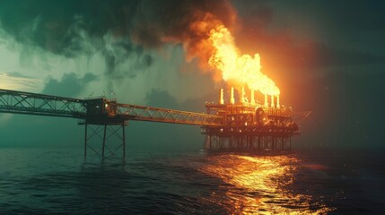 Gas Flare at Petroleum and Natural Gas offshore Power Plant. Super Hi-Resolution.

