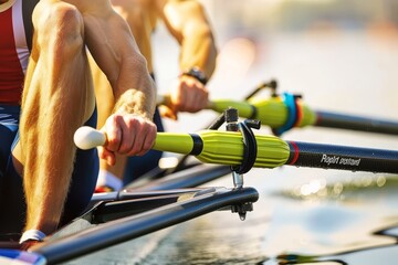 Synchronized rowers demonstrate teamwork in olympic sport with perfect hand grip synchronization