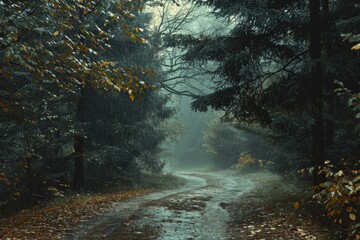 Tranquil and serene misty autumn forest path with fallen leaves and peaceful atmosphere