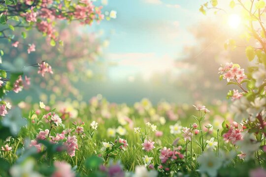 Beautiful blurred background image of spring nature with a neatly trimmed lawn surrounded by trees against a blue sky with clouds on a bright sunny day