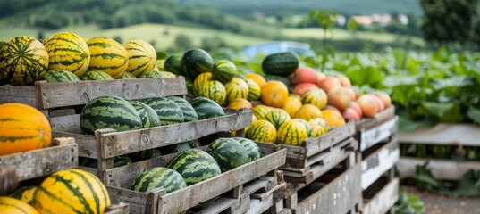 Ripe watermelons in wooden crates at farm stand warehouse with scenic countryside background