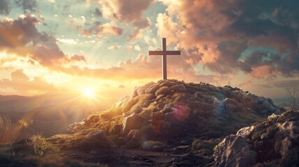 Jesus cross on mountain hill christian son of god resurrection easter concept sunrise new day christ holy hyper realistic 