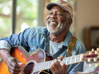 A black man playing the acoustic guitar, smiling with his eyes closed.  Shallow dof.