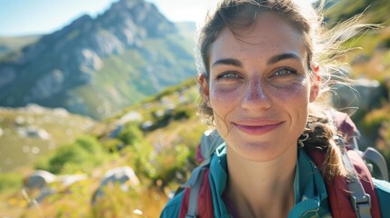 A close up of a womans face with a happy smile standing on top of a mountain, with grass and trees in the background under a clear blue sky AIG50