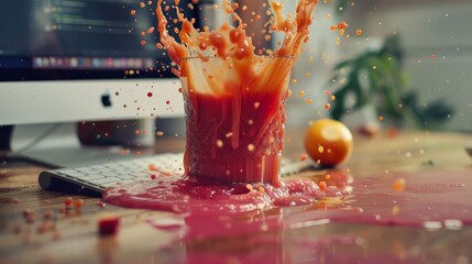 A playful twist with a smoothie dramatically spilled over a sleek keyboard, capturing the unexpected moment of mess in a work environment