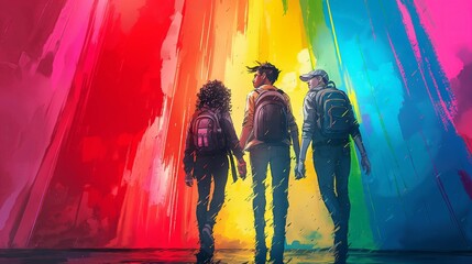 three young people holding hands walking into the unknown from rainbow colors