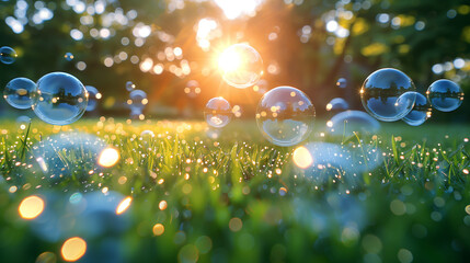 Lots of soap bubbles flying above the grass in the sun beams, background and wallpaper 