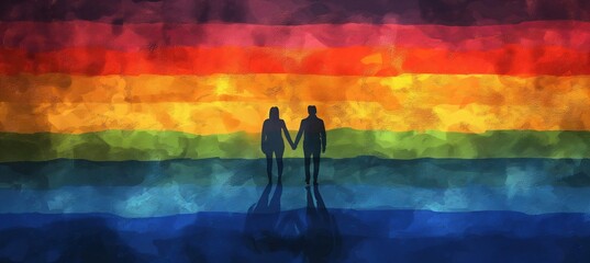 couple holding hands on rainbow background
