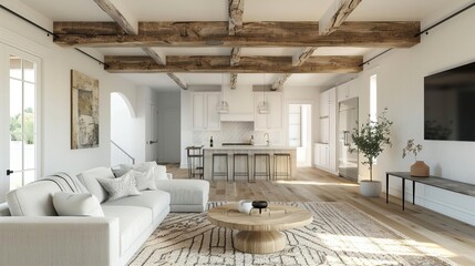 Living room in modern farmhouse style neutral tones, exposed beams, contemporary finishes Isolated white background with a floortoceiling bookshelf