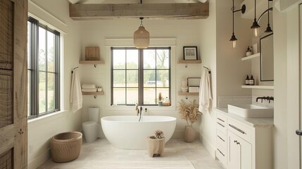 Modern farmhouse bathroom sleek finishes, exposed wood, neutral tones White background with double vanities