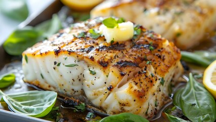 Capturing the Stunning Lighting of Grilled Halibut with Lemon Butter and Herbs. Concept Food Photography, Grilled Halibut, Lemon Butter, Herbs, Lighting Effects