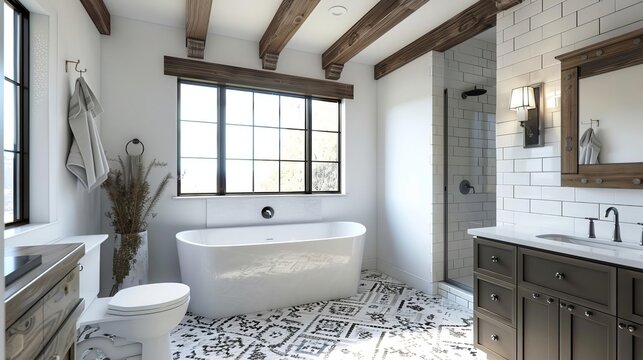 Modern farmhouse bathroom exposed wood beams, sleek finishes, neutral palette White background with patterned tile