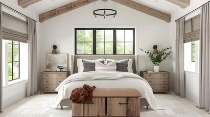 Bedroom in modern farmhouse style sleek finishes, cozy textiles, rustic beams Isolated white background showcasing throw cushions