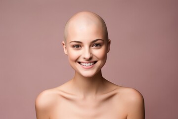 Optimistic young woman with cancer on pink background. Girl with shaved head after chemotherapy treatment. Oncology patient battling with tumor. World cancer day. Healthcare and medical concept