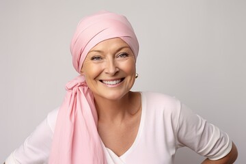 Optimistic senior woman with cancer wearing pink headscarf on gray background. Girl after chemotherapy treatment. Oncology patient battling with tumor. World cancer day. Healthcare and medical concept