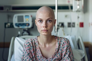 Bald woman in bed suffering from cancer. Cancer patient receiving chemotherapy treatment in a hospital. Oncology patient battling with tumor. World cancer day. Healthcare and medical concept