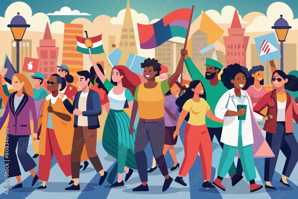 Aufkleber a colorful illustration of a diverse group of people marching in a park with flags, expressing enthu