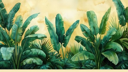Illustration of tropical wallpaper tropical flowers, palm leaves