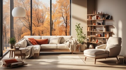 Stylish Modern Living Room with Autumn View Through Large Windows