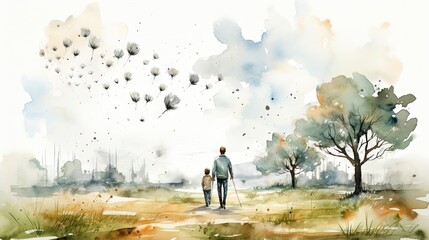 Father and Child Walking Through Beautiful Watercolor Landscape, Artistic Illustration with Dandelions and Cityscape