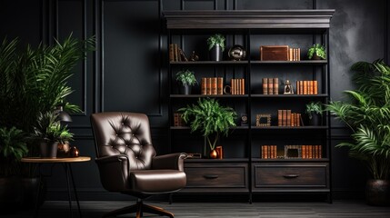 Elegant Home Office Interior with Dark Wood Furniture and Leather Chair