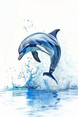 Generative AI watercolor illustration of a dolphin jumping out of the water in the ocean o a white background.