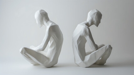 Two geometric paper sculptures of human figures in a seated position, displaying a minimalist and abstract design against a white background.