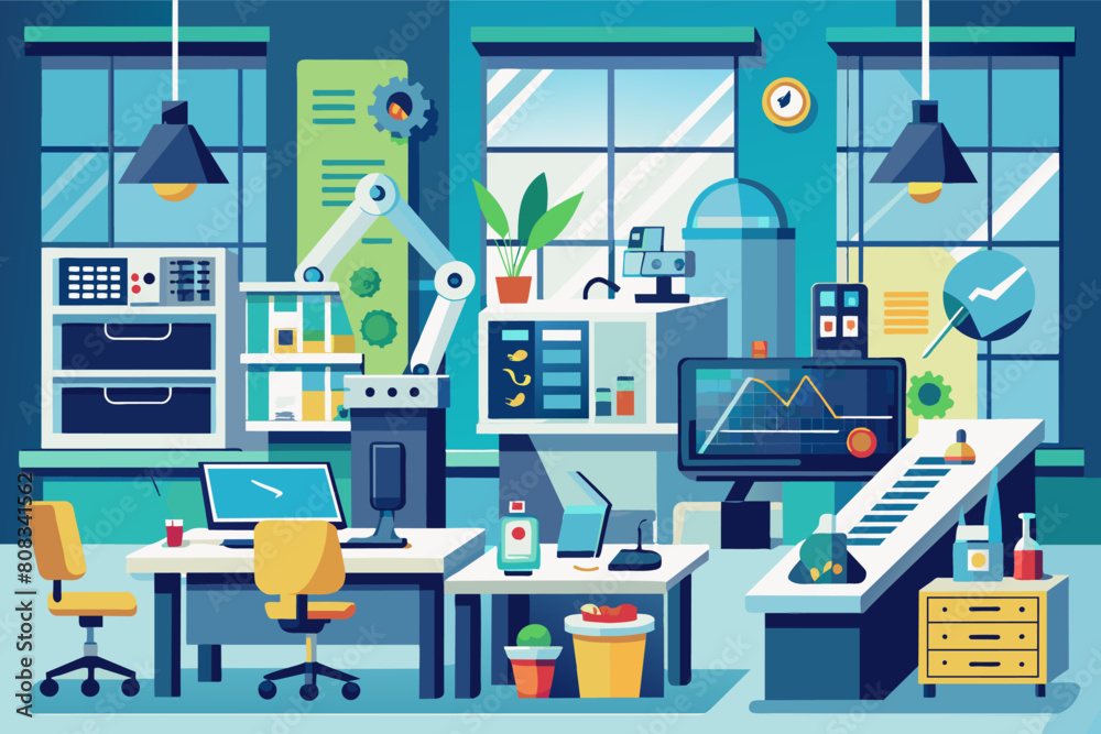 Poster modern office with multiple desks, computers, robotic arms, and technological devices, set against a backdrop of large windows with blinds, surrounded by various office plants and industrial