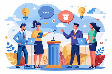 Illustration of a diverse group of five people engaged in a discussion at a podium with various educational symbols like light bulbs, a globe, and charts floating above them