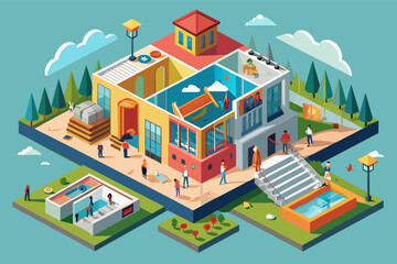 Isometric illustration modern school campus with multiple buildings, an outdoor basketball court, a swimming pool, solar panels, and green spaces, surrounded by trees and mountains