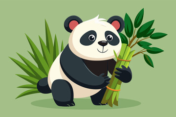 Cartoon panda sitting and holding bamboo stalks on a blue background.