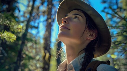a close up of a woman wearing a hat looking up at the sky . High quality AIG50