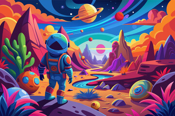 Colorful illustration of an astronaut exploring an alien landscape with vibrant plant life, strange rocks, and multiple planets visible in the sky, creating a whimsical and otherworldly scene.