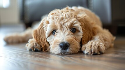 A photo of a light-colored Labradoodle puppy resting on the floor in the house