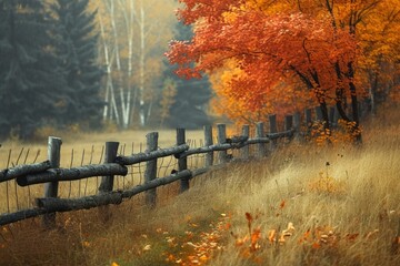 Tranquil autumn scene with a rustic wooden fence and vibrant fall leaves in a peaceful forest
