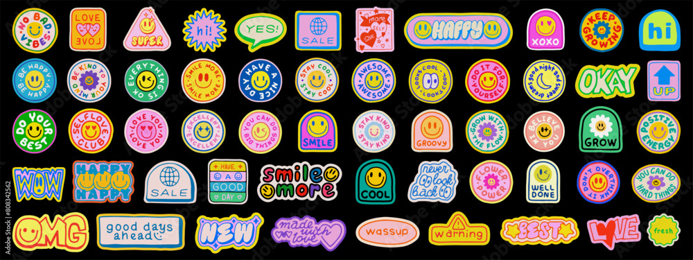 Poster Cool Hand Drawn Y2k Stickers Set. Collection Of Sketched Groovy Smile Patches. Pop Art Funny Badges.