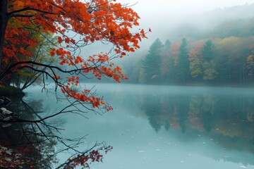 Serene autumnal scene with a foggy lake and colorful trees reflecting on the water
