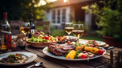 Backyard dinner table have a tasty grilled BBQ meat, Salads and wine with happy joyful people on background