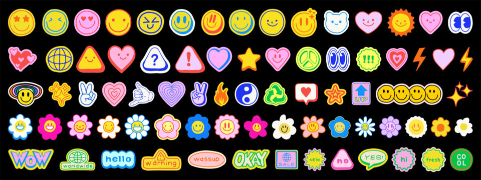 Cute Hand Drawn Elements Vector Set of Smile Signs Flower Groovy Emoticons. Funny Character Doodles. Y2k Cool Graphics.