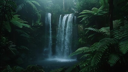 Cinematic photo of a waterfall in a rainforest, with mossy rocks and ferns  - Powered by Adobe
