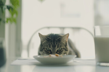 Domestic cat peeking out and staring at breakfast food on table