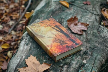 Closed book with a vibrant autumn forest cover design resting on a wooden log surrounded by fallen leaves