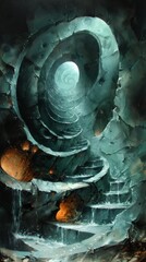 A stunning spiral staircase carved from ice descends into the depths of a frosty cavern