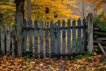 Old wooden gate opens to a path covered with colorful autumn leaves in a tranquil woodland setting