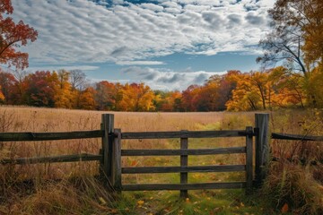 Tranquil autumn landscape with a wooden gate amidst colorful fall leaves under a cloudy sky