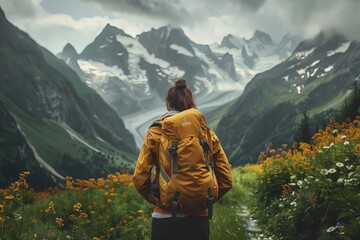 adventurous woman with backpack hiking through majestic mountains inspiring landscape photography