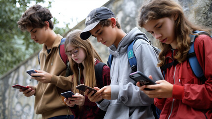 Group of teenagerr using smart phones for a school task education or class trip outside and smile	