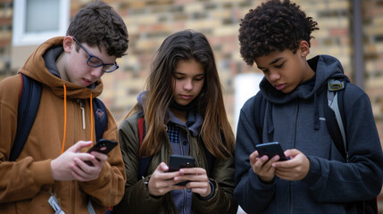 Group of teenagerr using smart phones for a school task education or class trip outside and smile	