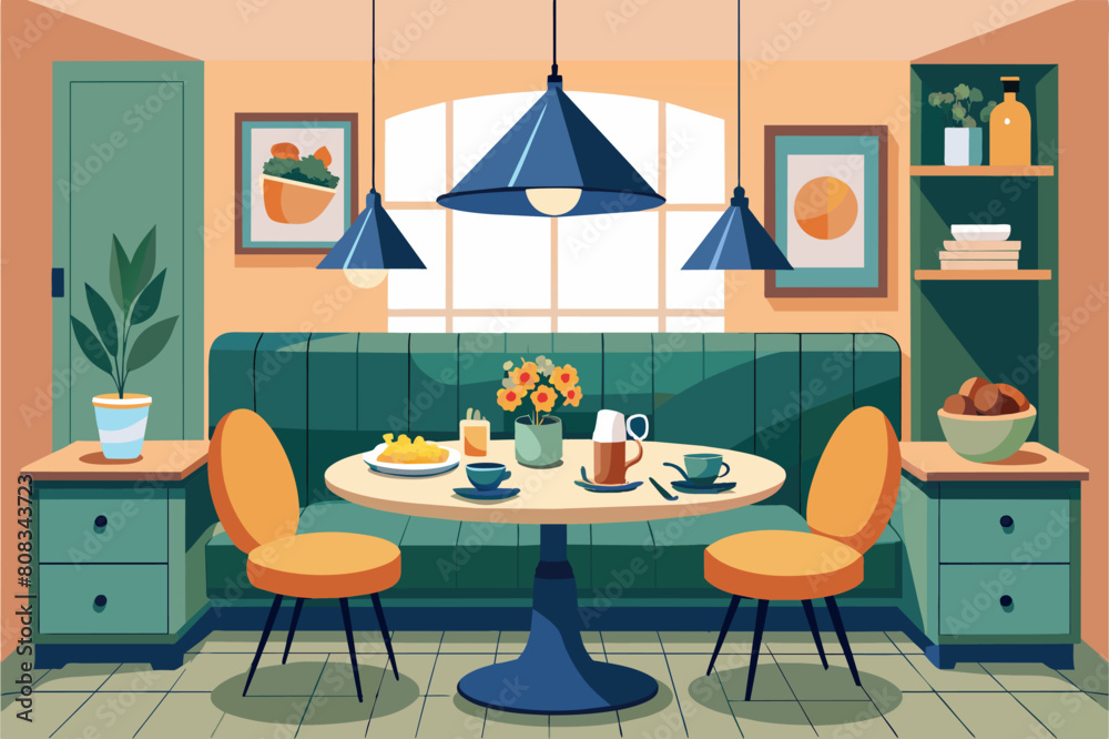 Poster dining nook in vintage-style kitchen with a window mountains. the scene includes a round table set f